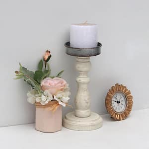 4.375 in. x 8.875 in. White Round Wood Pillar Candle Holder with Metal Plate