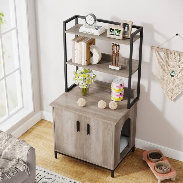 BYBLIGHT Kellum Rustic Brown Litter Box Enclosure, Industrial Cat Cabinet with Shelves and Doors, Wood Pet Crate Hidden Washroom