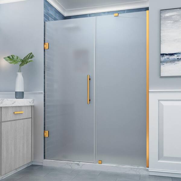 Aston Belmore 62.25 in. to 63.25 in. W x 72 in. H Frameless Pivot Shower Door Frosted Glass in Brushed Gold
