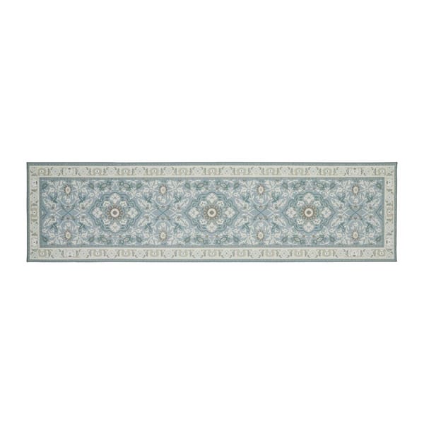 Laura Ashley Aurora Medallion Border Chenille Blue Ivory 2 ft. x 6 ft. Polyester Runner Rug