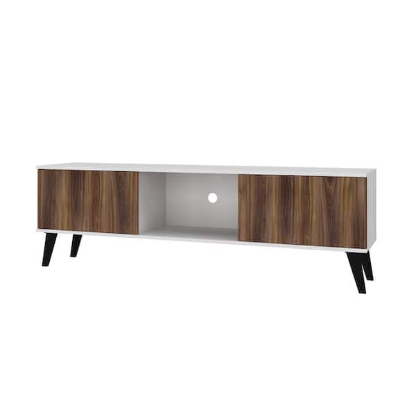 Saratoga 62.2 in. White and Nut Brown TV Stand Fits TVs Up to 60 in. with Storage Doors and Cable Management