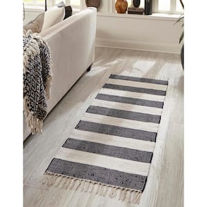 Chindi Rag Striped Navy Blue 2 ft. 7 in. x 10 ft. Area Rug