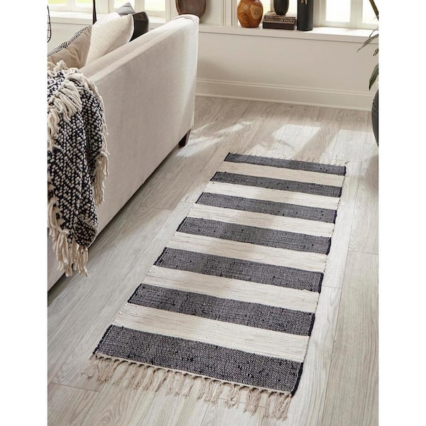 Chindi Rag Striped Navy Blue 2 ft. 2 in. x 8 ft. Area Rug