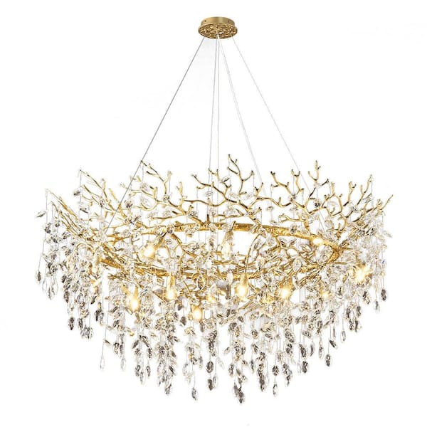 14-Light 48 in. Dimmable Tree Branches Crystal Linear Chandelier, Gold Kitchen Island Chandelier for Living Room Bedroom