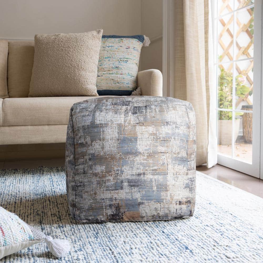 Vinayak Taupe/Blue Transitional Abstract Hand-Woven Cotton Square Pouf