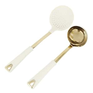 Lockton 2 Piece Stainless Steel Skimmer and Ladle Kitchen Tool Set in Linen w/ Gold