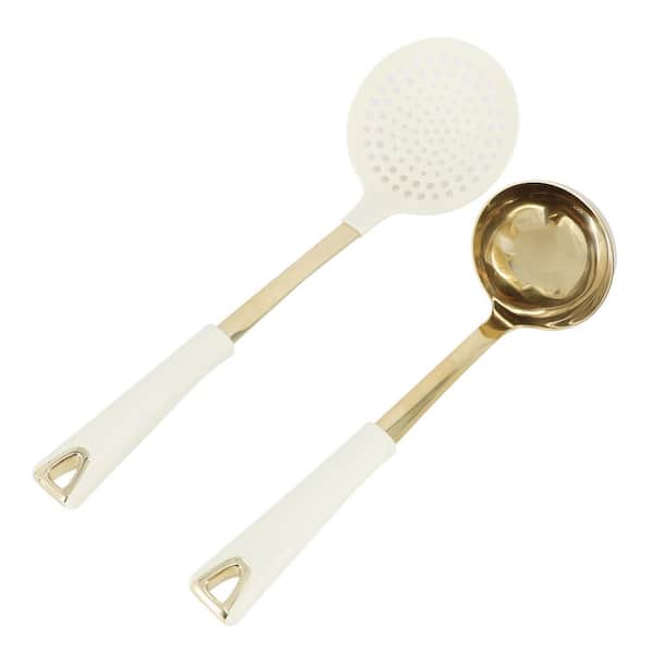 Martha Stewart Lockton 2 Piece Stainless Steel Skimmer and Ladle Kitchen Tool Set in Linen w/ Gold
