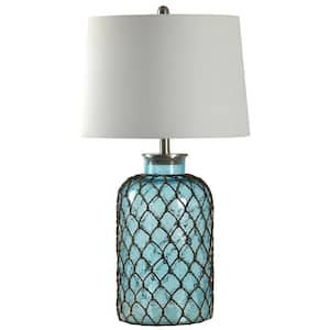30.3 in. Blue Table Lamp with Off-White Hardback Fabric Shade
