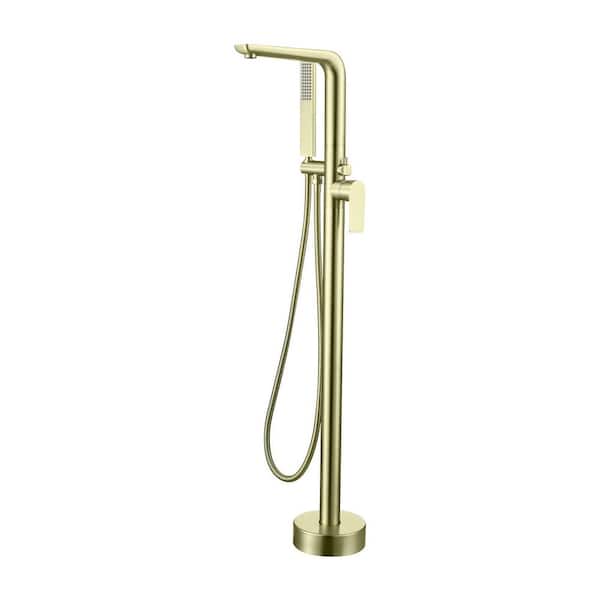 Single Handle Floor Mount Bathtub Faucet Freestanding Tub Filler Standing Shower Faucets with Handheld Shower in Gold