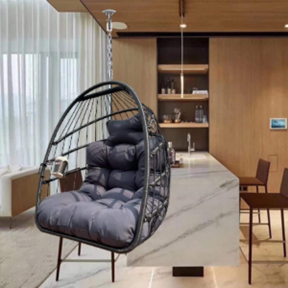 Metal Patio Rattan Swing Egg Chair with Black Cushion