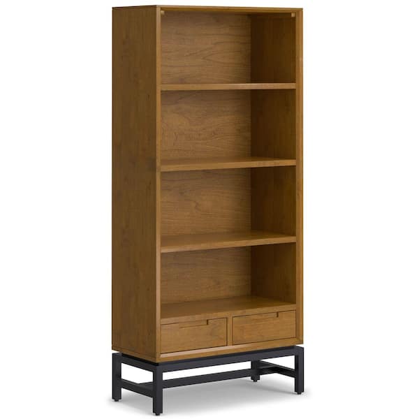 Simpli Home Banting 66 in. Tall Medium Saddle Brown Solid Hardwood 4-Shelf Mid Century Bookcase