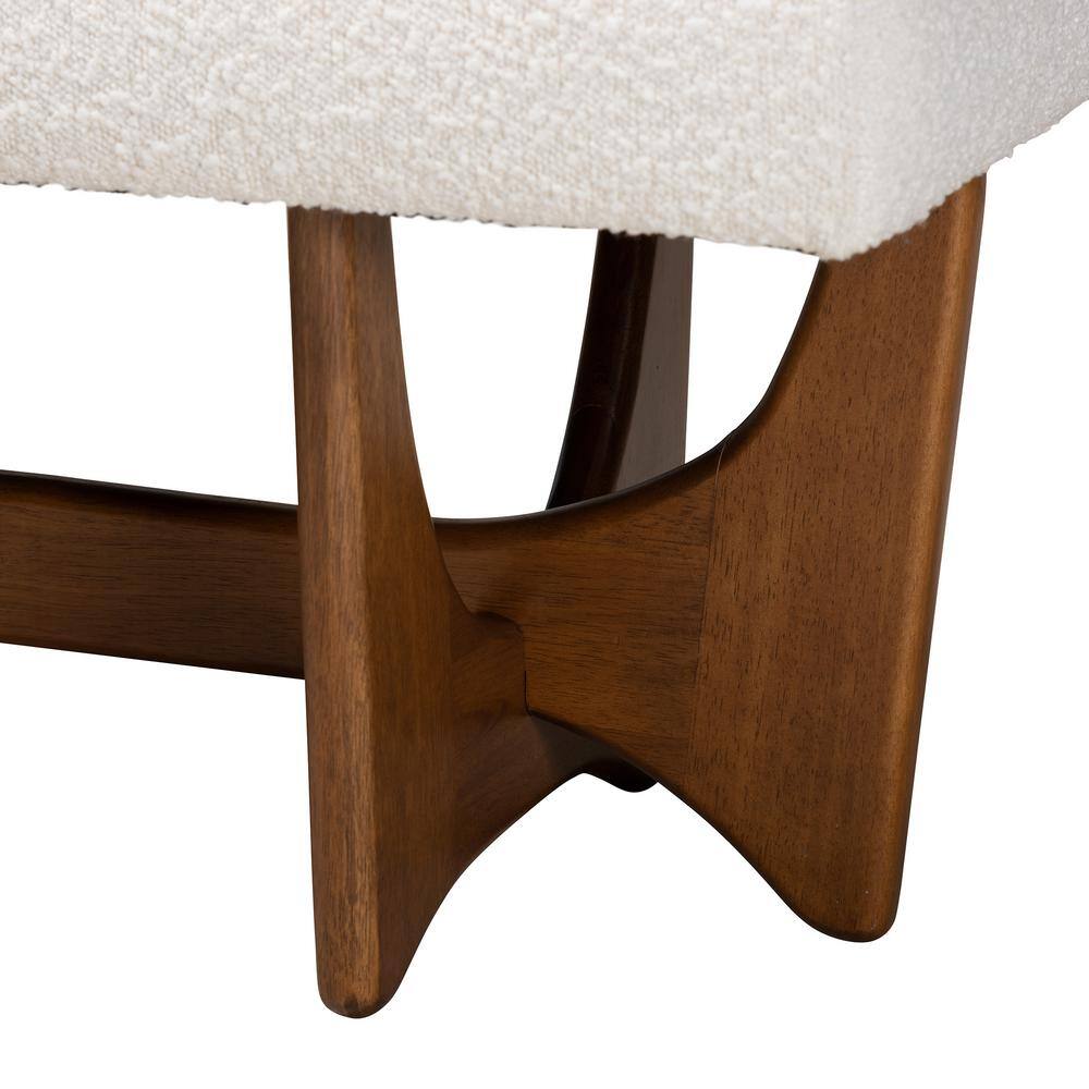 Cream Boucle Fabric and Walnut Wood Bench with Button-Tufted Seat