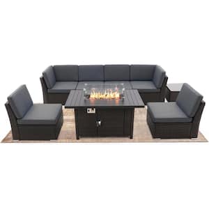 Anky Black/Brown 8-Piece Rattan Wicker Patio Fire Pit Sectional Seating Set with Olefin Taupe Cushions