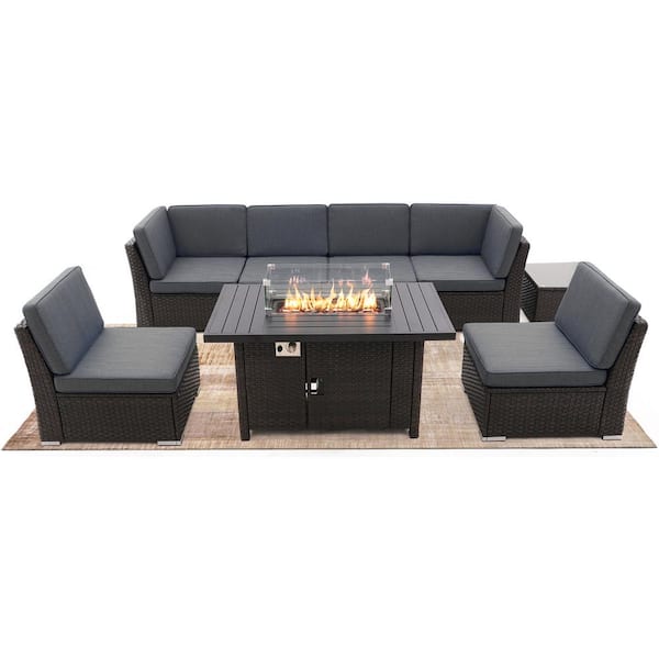 Miscool Anky Black/Brown 8-Piece Rattan Wicker Patio Fire Pit Sectional Seating Set with Olefin Taupe Cushions