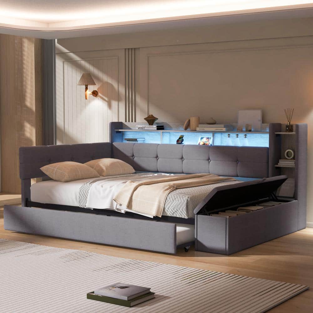 Gray Twin Size Upholstered Daybed with USB Charging, LED Light, Trundle, Storage price history on PriceWatchPro
