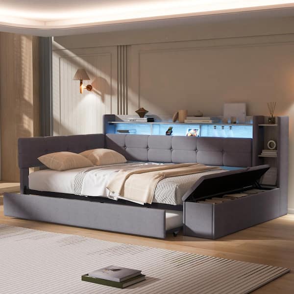 Gray Twin Size Upholstered Daybed with USB Charging, LED Light, Trundle, Storage