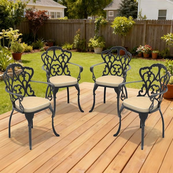 Black Stackable Elegant Cast Aluminum Patio Outdoor Dining Chair with Off-white Cushion(4-Pack)