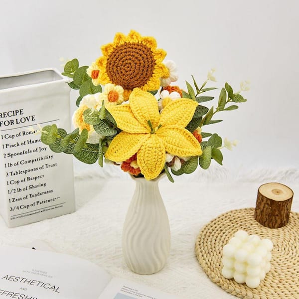 18 in. Yellow Artificial Eucalyptus Crochet Flowers Bouquet with
