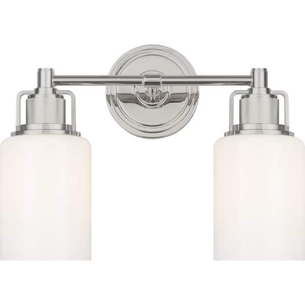 Ashford 13.5 in. W x 10.25 in. H 2-Light Polished Nickel Transitional Bathroom Vanity Light with Milk Drum Glass Shades