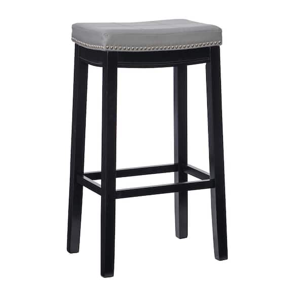 Linon Home Decor Concord Black Wood Frame Barstool with Padded Grey Faux Leather Seat