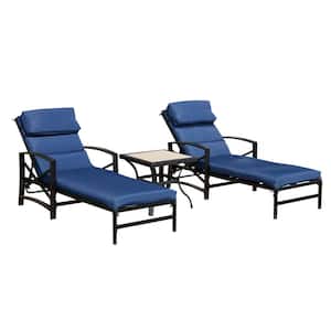 Adjustable Back Steel Outdoor Lounge Chair Set with Blue Cushions (3-Pack)