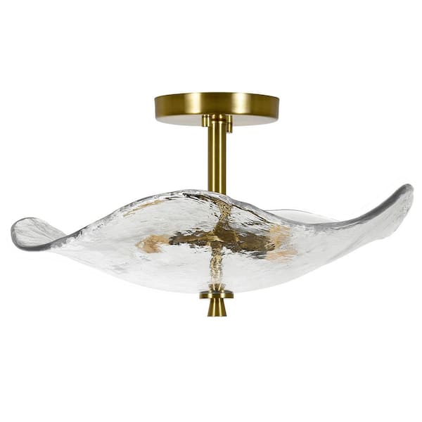 16.5 in. 2-Light Gold Semi Flush Mount Ceiling Light Fixture with Water Ripple Glass Shade and No Bulbs Included