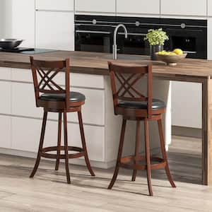29 in. Brown High Back Wood Swivel Bar Stool Counter Stool with Faux Leather Seat (Set of 2)
