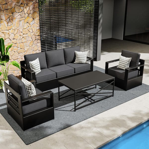 4-Piece Aluminum Patio Conversation Set with Outdoor Couch, Lounge Chair, Coffee Table and Thick Gray Cushions