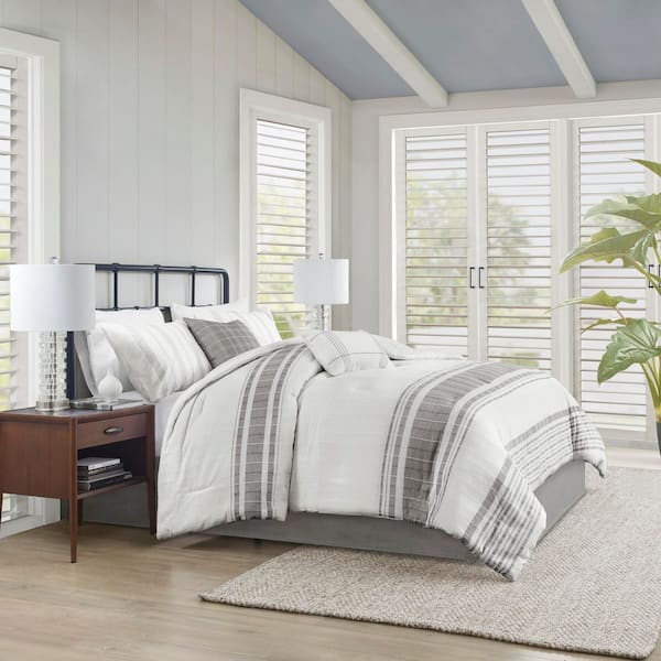 Morgan 5-Piece White/Grey Cotton King/California King Jaquard Duvet Cover Set