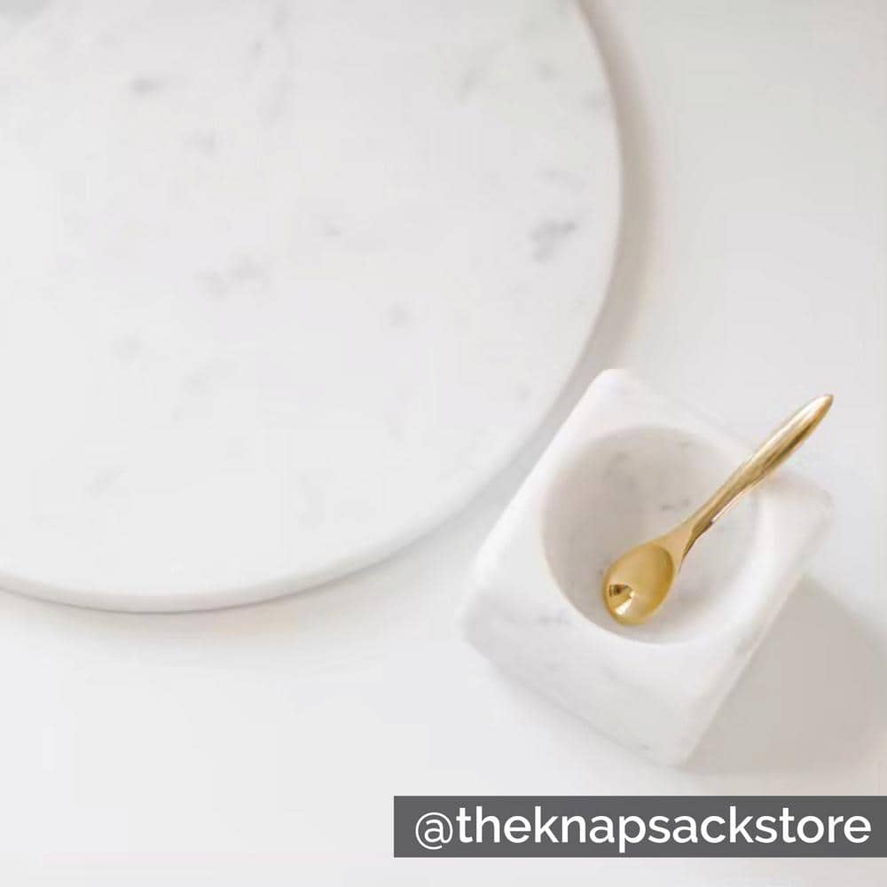 Square White Marble Bowl with Brass Spoon Set