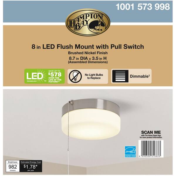 Hampton Bay 8 In 60 Watt Equivalent Brushed Nickel Integrated Led Drum Flush Mount With Pull Chain And Glass Shade Isp8011l 2 The Home Depot