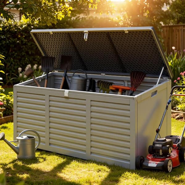 130 Gal. Gray Upgraded Resin Deck Box, Outdoor Storage Box Waterproof with Hydraulic Rod and Side Handle, Lockable