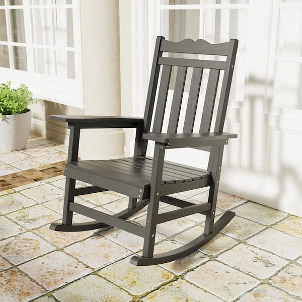 Charcoal Gray Plastic Adirondack Rocking Chair with Big Armrest Weather Resistant, Fire Pit Outdoor Rocking Chair