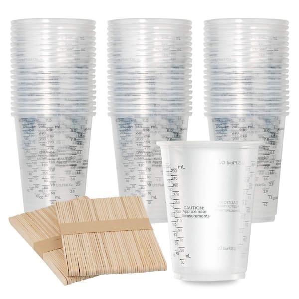 100-Pack 8 oz. Clear Plastic Graduated Measuring Cup Set for Mixing Paint, Epoxy Resin, Pigments with Stir Sticks