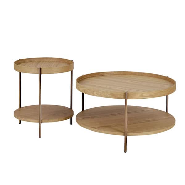 Sudzendf Brown MDF Round Outdoor Side Table 2-Piece