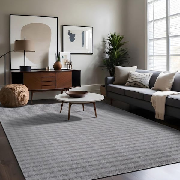 Aurora 8 ft. x 10 ft. Grey Non-Slip Rubber Back Washable Polyester Checker Indoor Area Rug