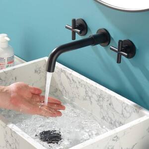 Double-Handle Wall Mounted Faucet with Hot/Cold Indicators Included Valve Supply Lines in Matte Black