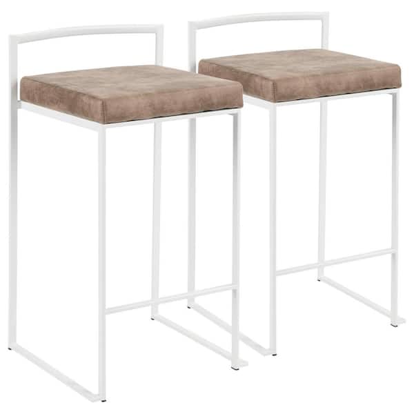 Lumisource Fuji 26 in. White Stackable Counter Stool with Brown Cowboy Fabric Cushion (Set of 2)