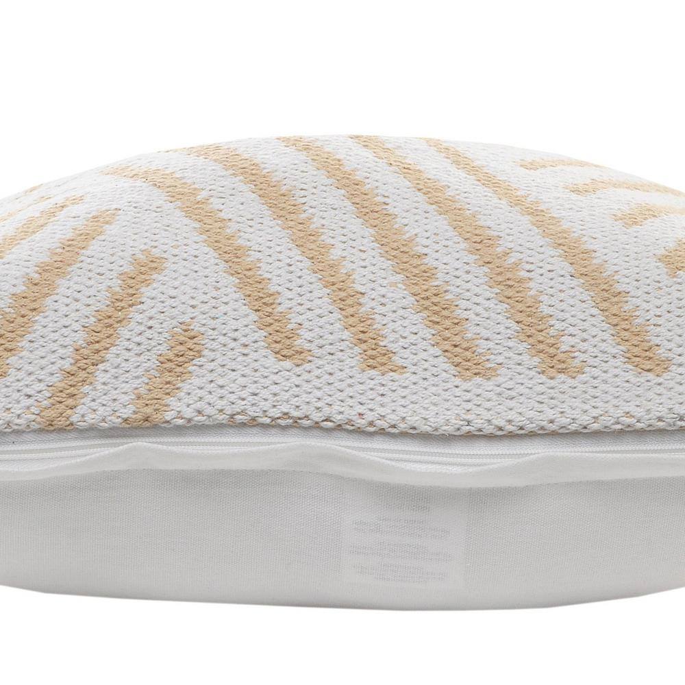 Tan and White Geometric Striped Cotton Square Throw Pillow