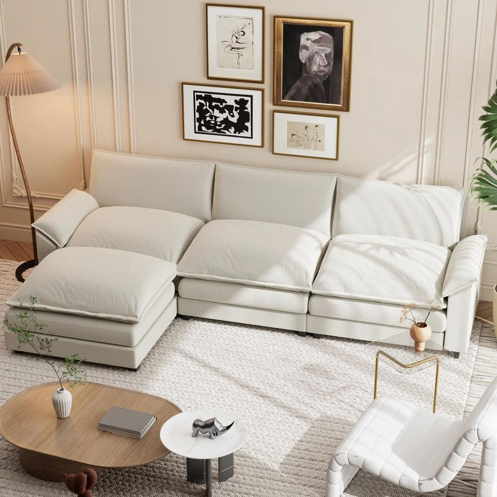 LACOO 118 in. Chenille Flared Arm L-Shaped Deluxe Pillow-Styled Modular  Sectional Sofa in off White with Ottoman T-SF23-0234-2-L - The Home Depot