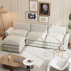 118 in. Chenille Flared Arm L-Shaped Deluxe Pillow-Styled Modular Sectional Sofa in off White with Ottoman