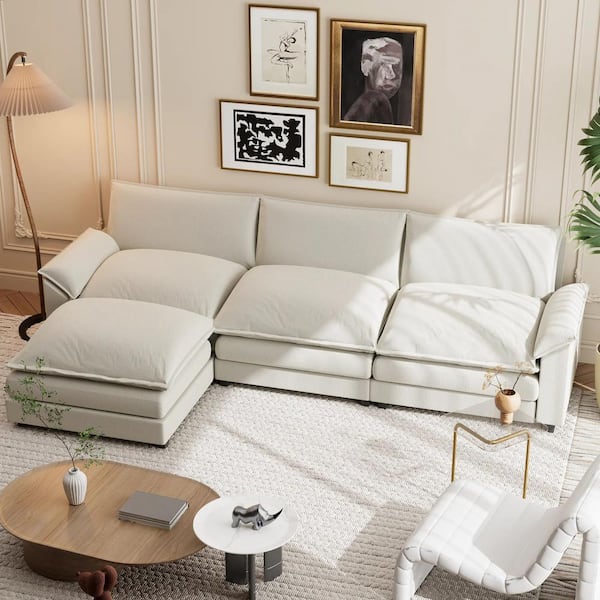 LACOO 118 in. Chenille Flared Arm L-Shaped Deluxe Pillow-Styled Modular  Sectional Sofa in off White with Ottoman T-SF23-0234-2-L - The Home Depot