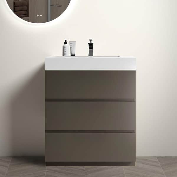 INSTER NOBLE 30 in. W x 18 in. D x 37 in. H Single Sink Freestanding Bath Vanity in Gray with White Solid Surface Integral Top