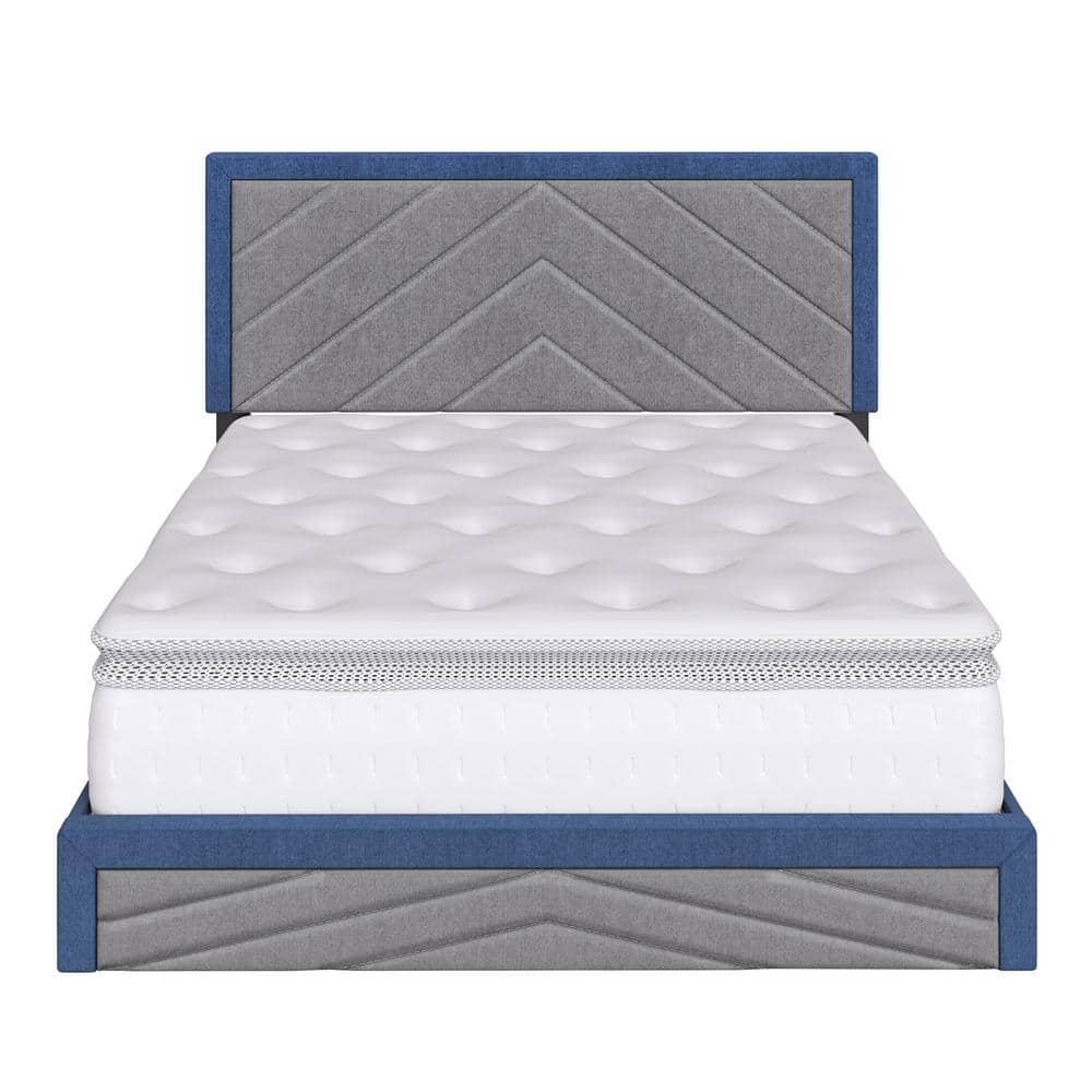 Full Size Gray Linen Upholstered Platform Bed with Tufted Headboard