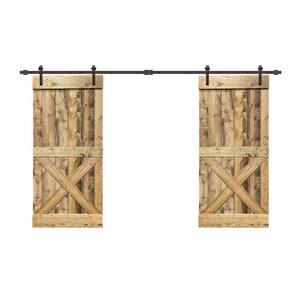 76 in. x 84 in. Mini X Series Weather Oak Stained Solid Pine Wood Interior Double Sliding Barn Door with Hardware Kit