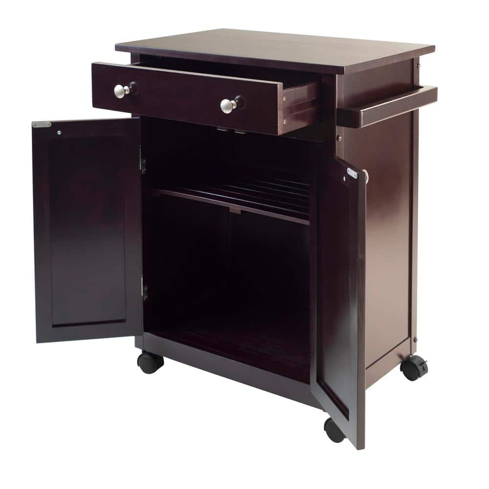 Transitional Espresso Wood Kitchen Cart with Storage and Towel Bar