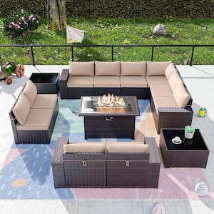 13-Piece Wicker Patio Conversation Set with 55000 BTU Gas Fire Pit Table and Glass Coffee Table and Sand Cushions