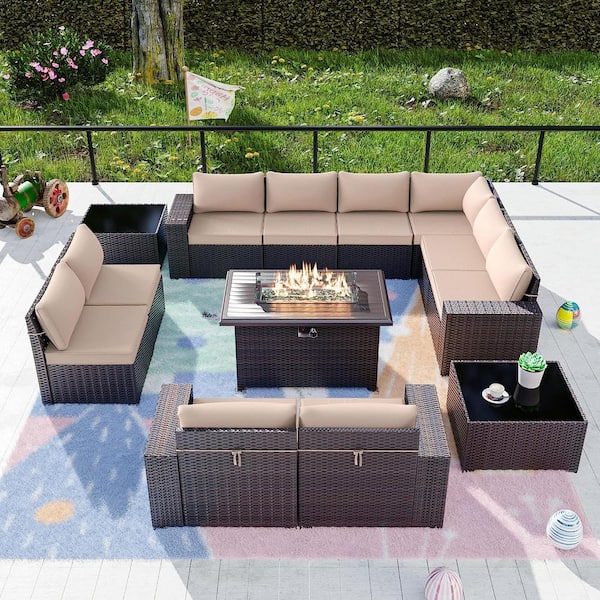 Halmuz 13-Piece Wicker Patio Conversation Set with 55000 BTU Gas Fire Pit Table and Glass Coffee Table and Sand Cushions