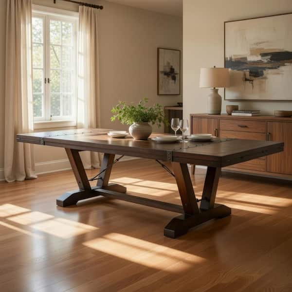 Flint Brown Wood 108 in. Trestle Dining Table Seating for 12