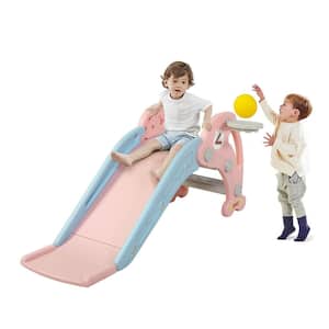 Toddler Slide Playset Freestanding Kids Slide with Basketball Hoop Indoors/Outdoors, Pink